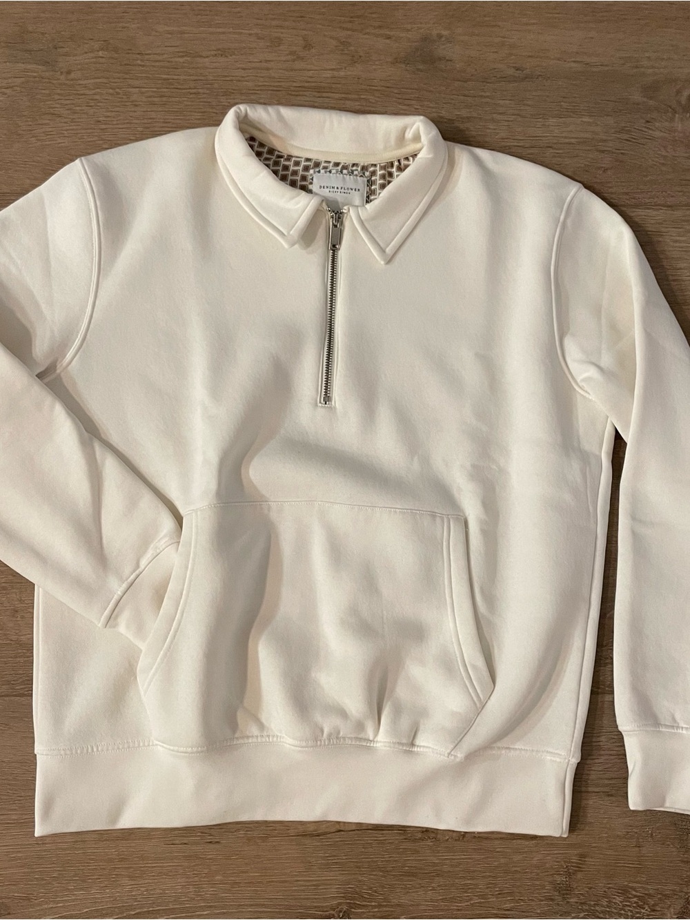 Denim & Flower Cream Zip-Front Collared Pullover
